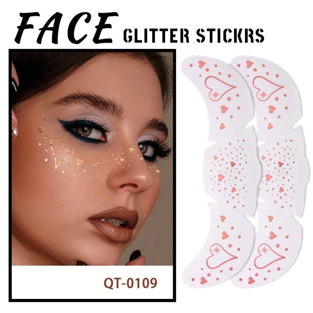 6Pcs/Set Glitter Skincare Freckles Face Tattoo Sparkle Temporary Tattoo Bow Love Kiss Makeup Patch Valentine's Day Face Tattoo HIP