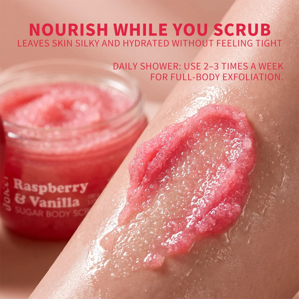 Raspberry Vanilla Sugar Glow Scrub Gentle Face Body Exfoliator Remove Dead Skin Cells Smooth Soft Fragrance Shower Care HIP