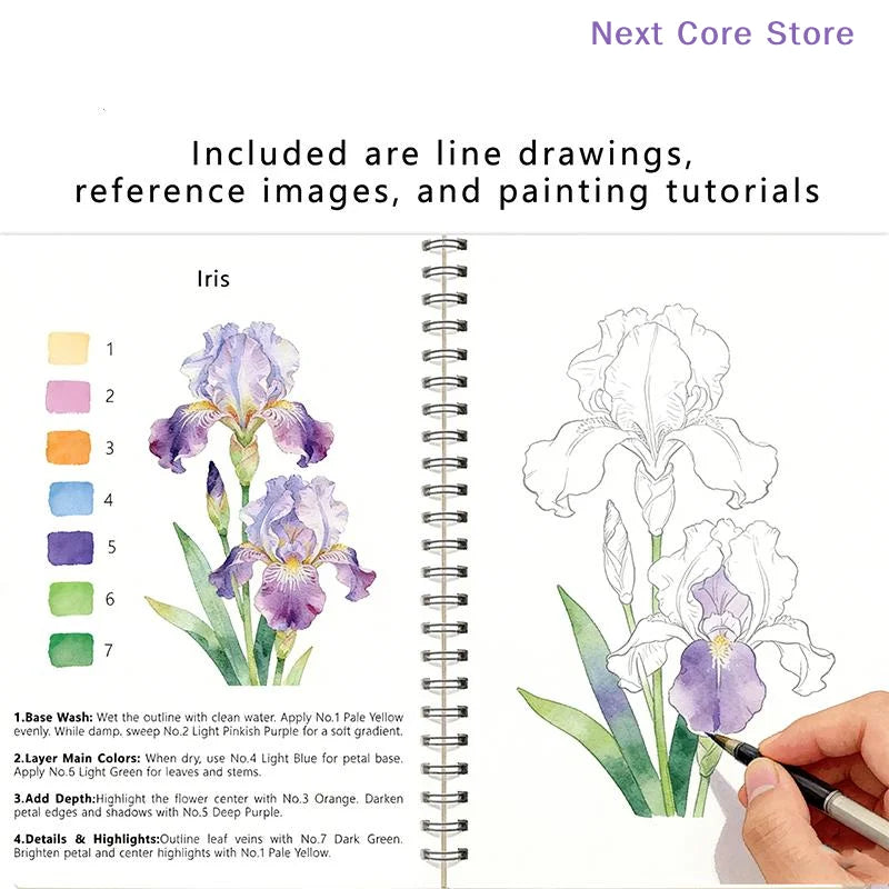 Spiral Bound Watercolor Flower Workbook – Thick Cotton Paper Watercolor Sketchbook HIP