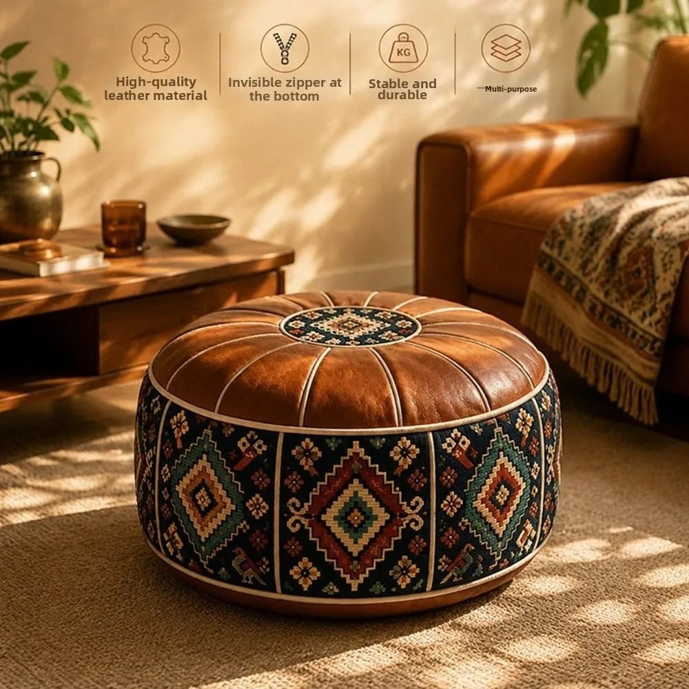 Boho PU Leather Storage Ottoman Pouf – Round Floor Seat Storage Ottoman Pouf HIP