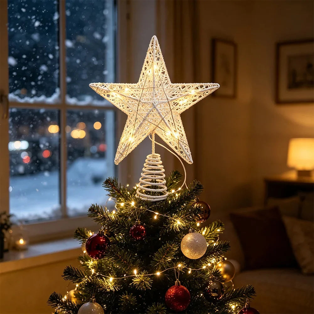 With LED Lights Iron Five-Pointed Glowing Star Christmas Tree Topper Star For Xmas Home Party Decor HIP