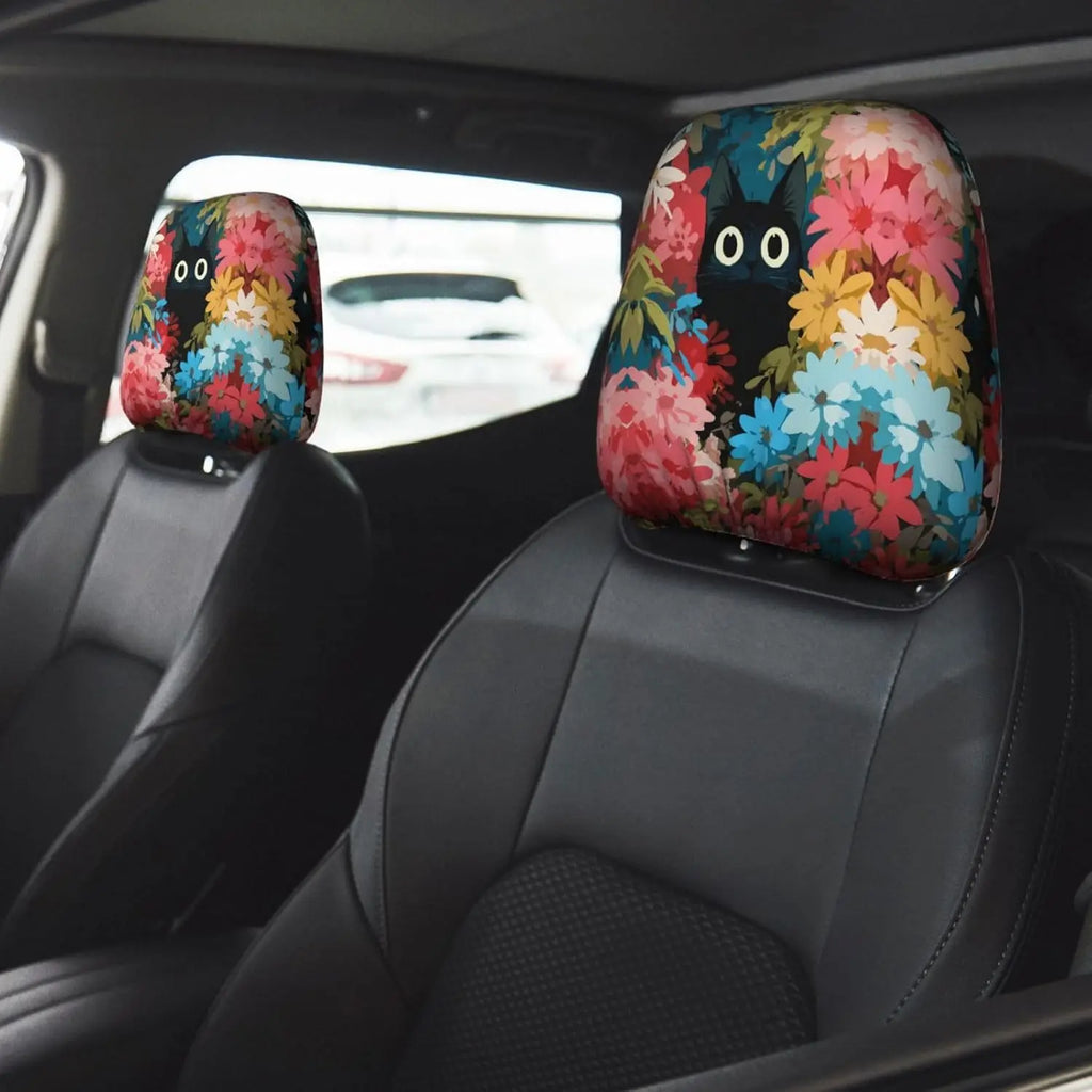 Black Cat Floral Car Headrest Covers – 2-Pack Universal Fit Car Headrest Cover HIP