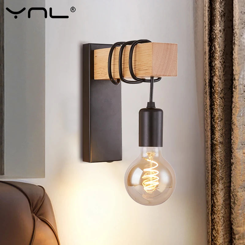 Retro Wood Wall Sconce – E27 Vintage Indoor Wall Lamp | YNL Wall Sconce HIP
