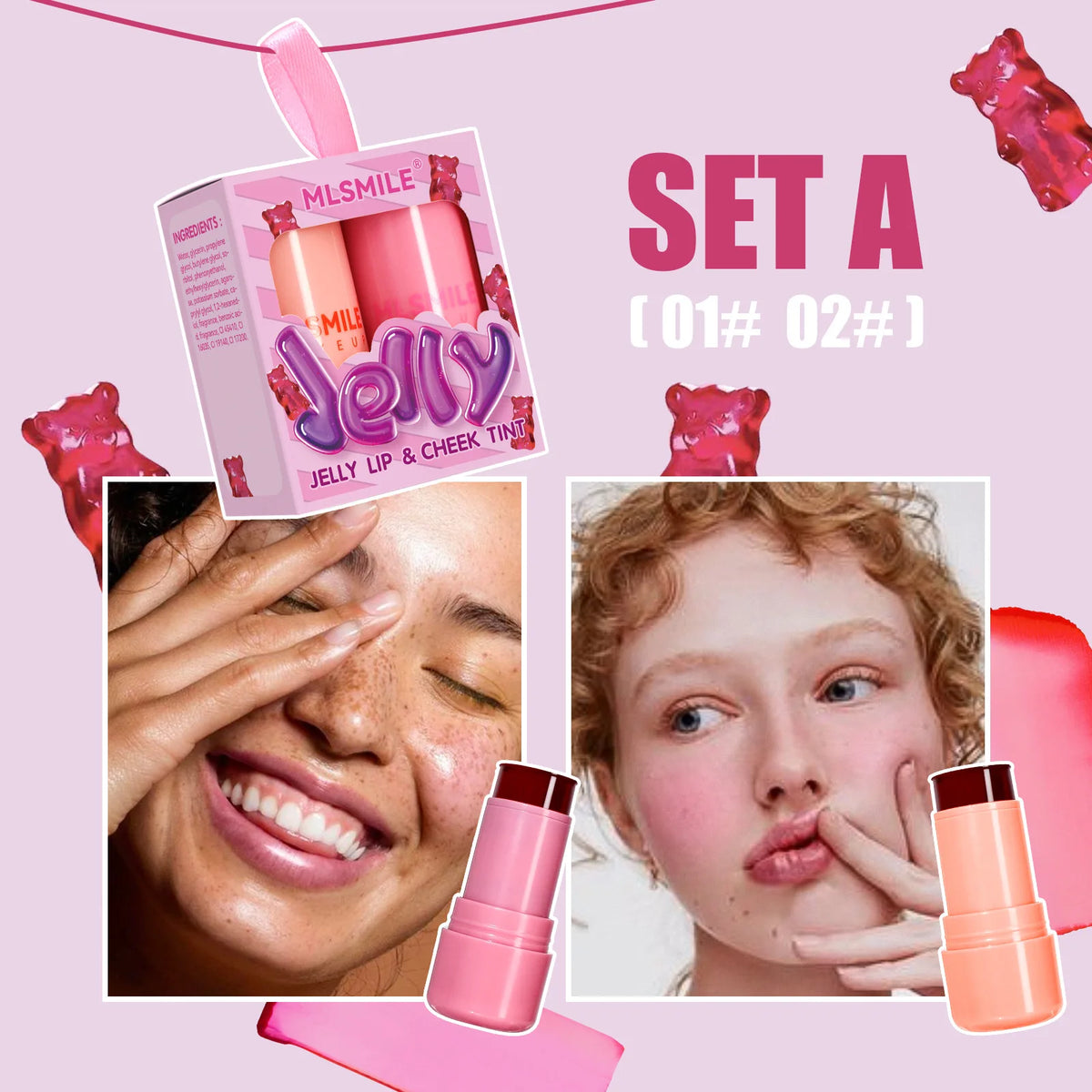 MLSMILE 2-in-1 Jelly Blush & Lip Tint Stick Set – 2 PCS Jelly Blush Tint Set HIP SET A