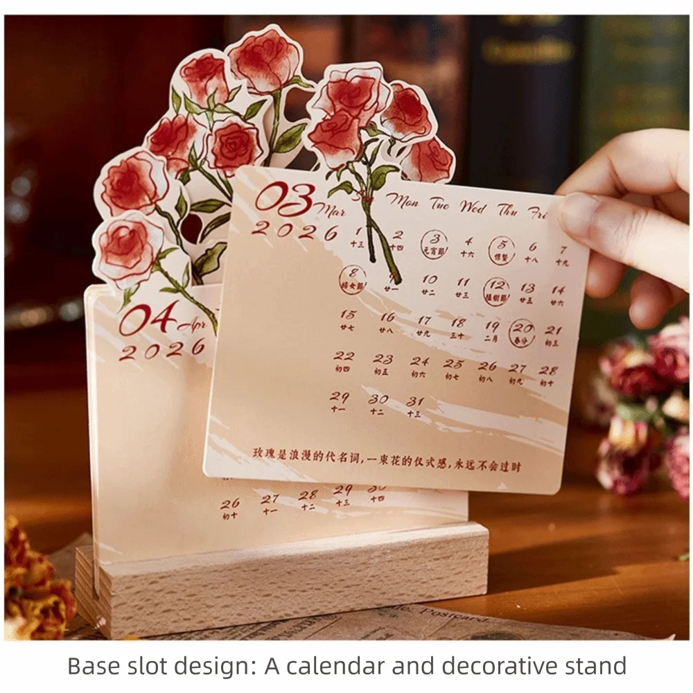 2026 Mini Desk Calendar – Rose Floral Design & Wooden Base Mini Desk Calendar HIP