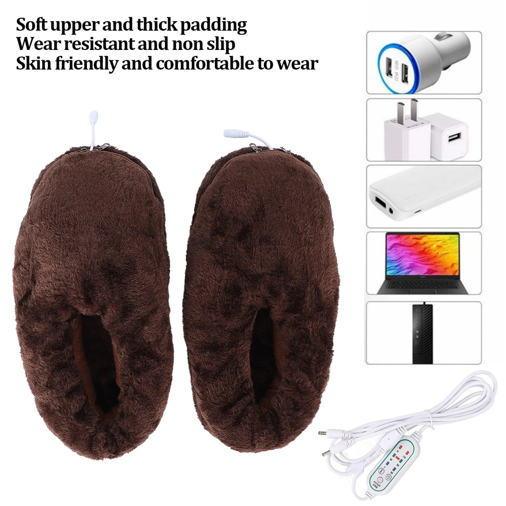 Electric Heated Slippers Temperature Adjustable Winter Soft Plush Heating Shoes for Men Women Coffee Warm Heated Slippers HIP