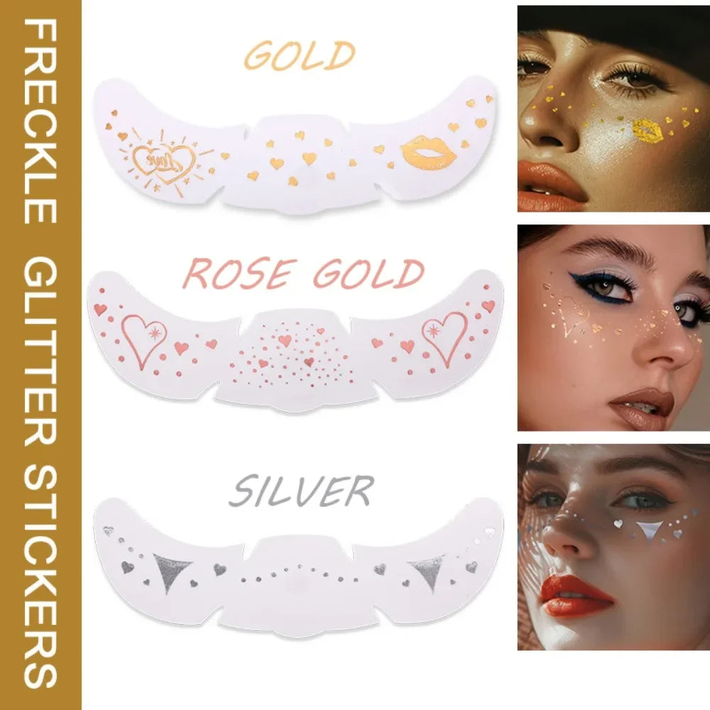 6Pcs/Set Glitter Skincare Freckles Face Tattoo Sparkle Temporary Tattoo Bow Love Kiss Makeup Patch Valentine's Day Face Tattoo HIP