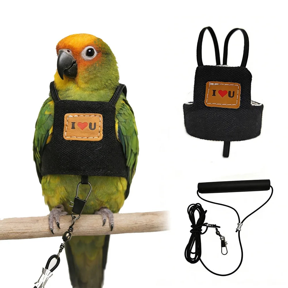 Adjustable Parrot Harness & 2M Leash – Cockatiel Flight Suit Bird Harness Leash HIP Black-S