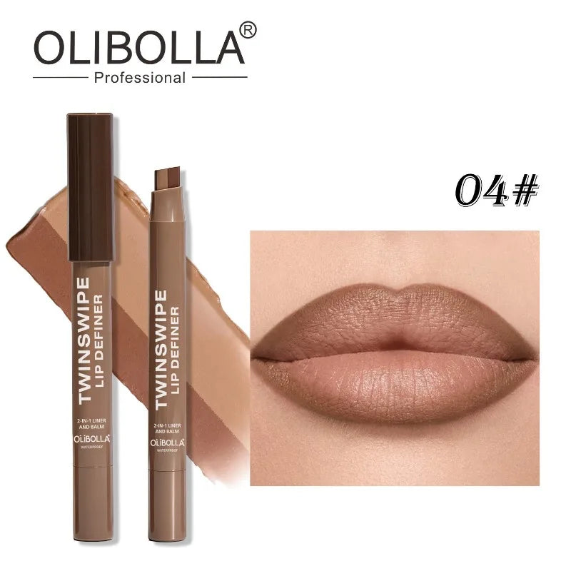Cinnamon Lipstick Carving Matte 2 in 1 Dual Color Velvet Slanted Lip Liner Pencil Waterproof Long Lasting Women Daily Lip Makeup HIP 04
