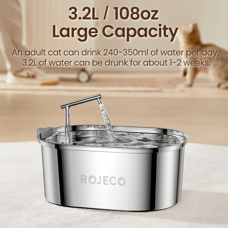 ROJECO 3.2L Stainless Steel Cat Water Fountain Filter For Dog Automatic Pet Drinker Dispenser Drinking Fountain For Cat Supplies HIP