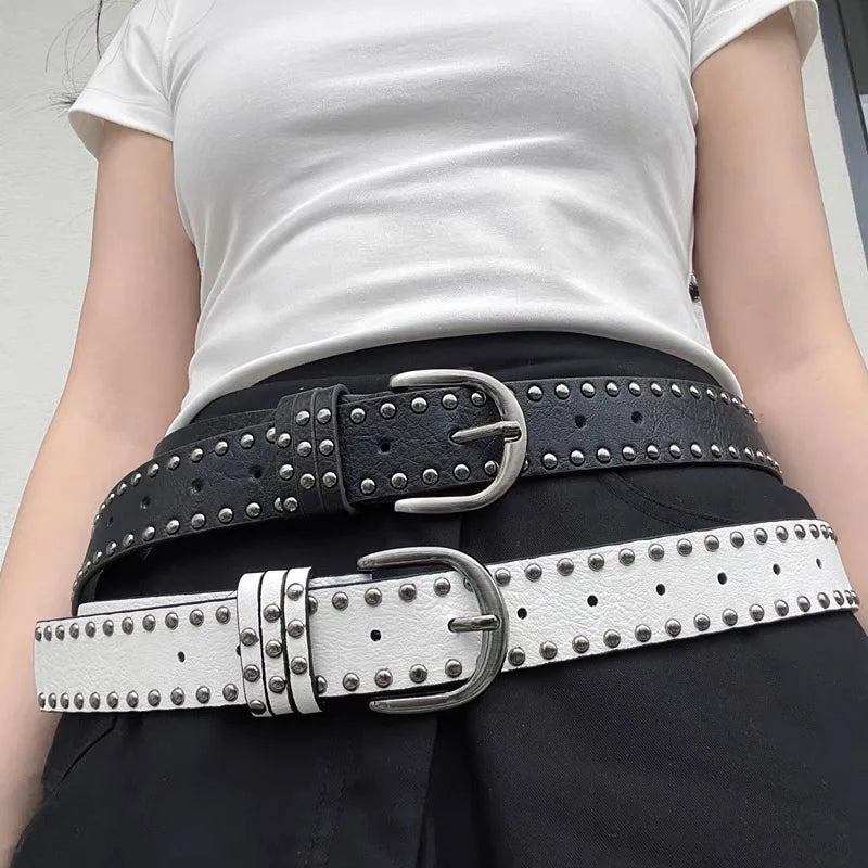 Studded PU Leather Belt D-Ring Buckle – Punk Style for Women Women's Fashion Belt HIP