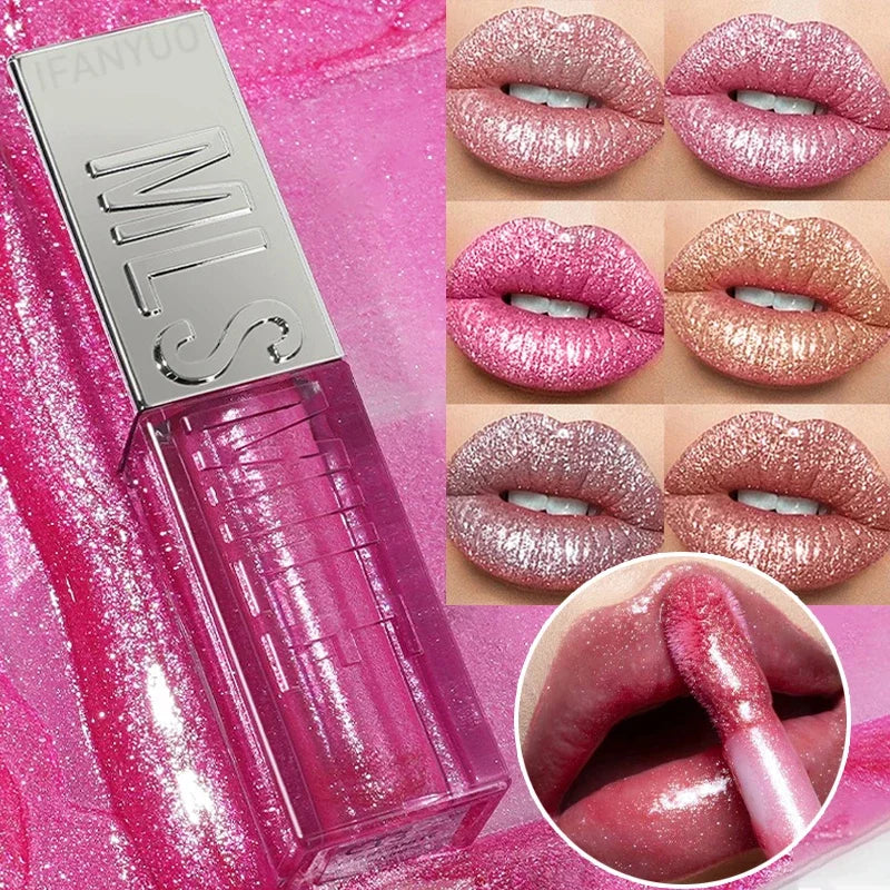 Wet Shiny Liquid Lip Gloss Diamond Shimmer Glitter Big Brush Lip Plumper Oil 6Colors Sparkling Highgloss Sequins Pearly Makeup HIP