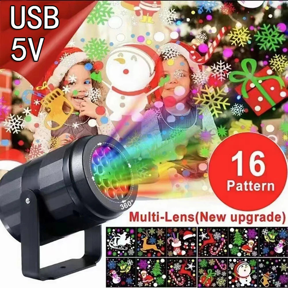 16 Pattern Night Light LED Snowflake Projector 360° Rotating Projection Lamp Home Christmas Festivals Party Decoration USB/EU HIP