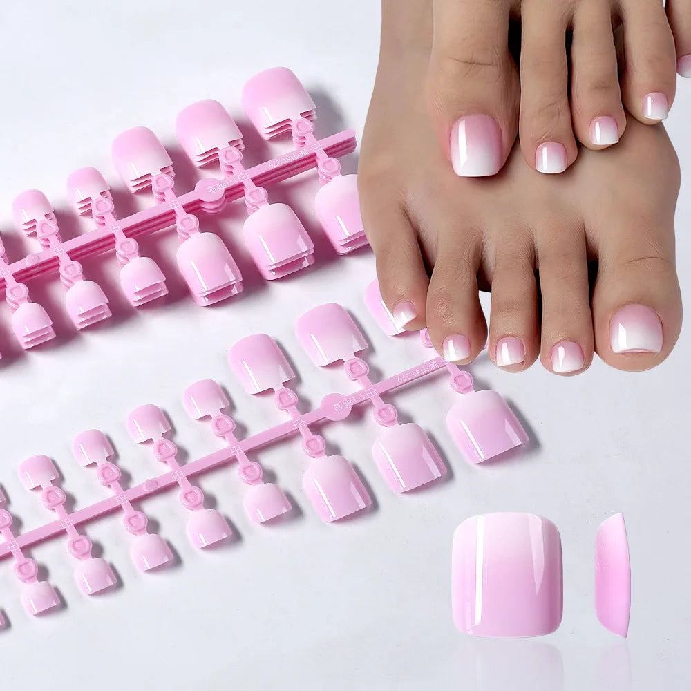 120Pcs Glossy Nude Pink French Press-On-Toenail Set 1*Box Short French Square Fake Toe Nails Solid-Color Manicure Toenails Tips HIP