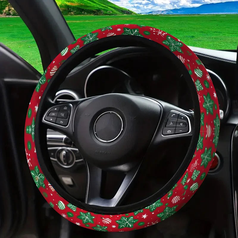 Christmas Snowflake Steering Wheel Cover – Red & Green Print Steering Wheel Cover HIP