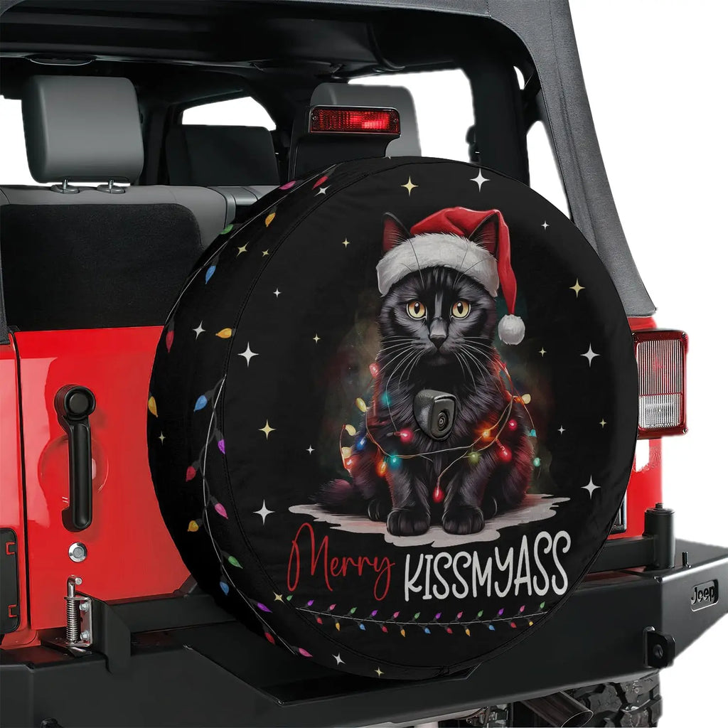 Black Cat Santa Hat Christmas Spare Tire Cover | Camera Hole Spare Tire Cover HIP