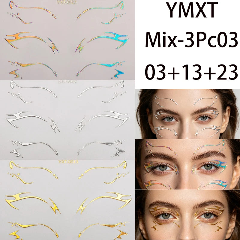 Colorful Eyes Makeup Stickers Laser Eye Eyeliner Eyebrows Face Art Sticker Decals Halloween Temporary Tattoo Party Decorations HIP Mixed-3Pc03