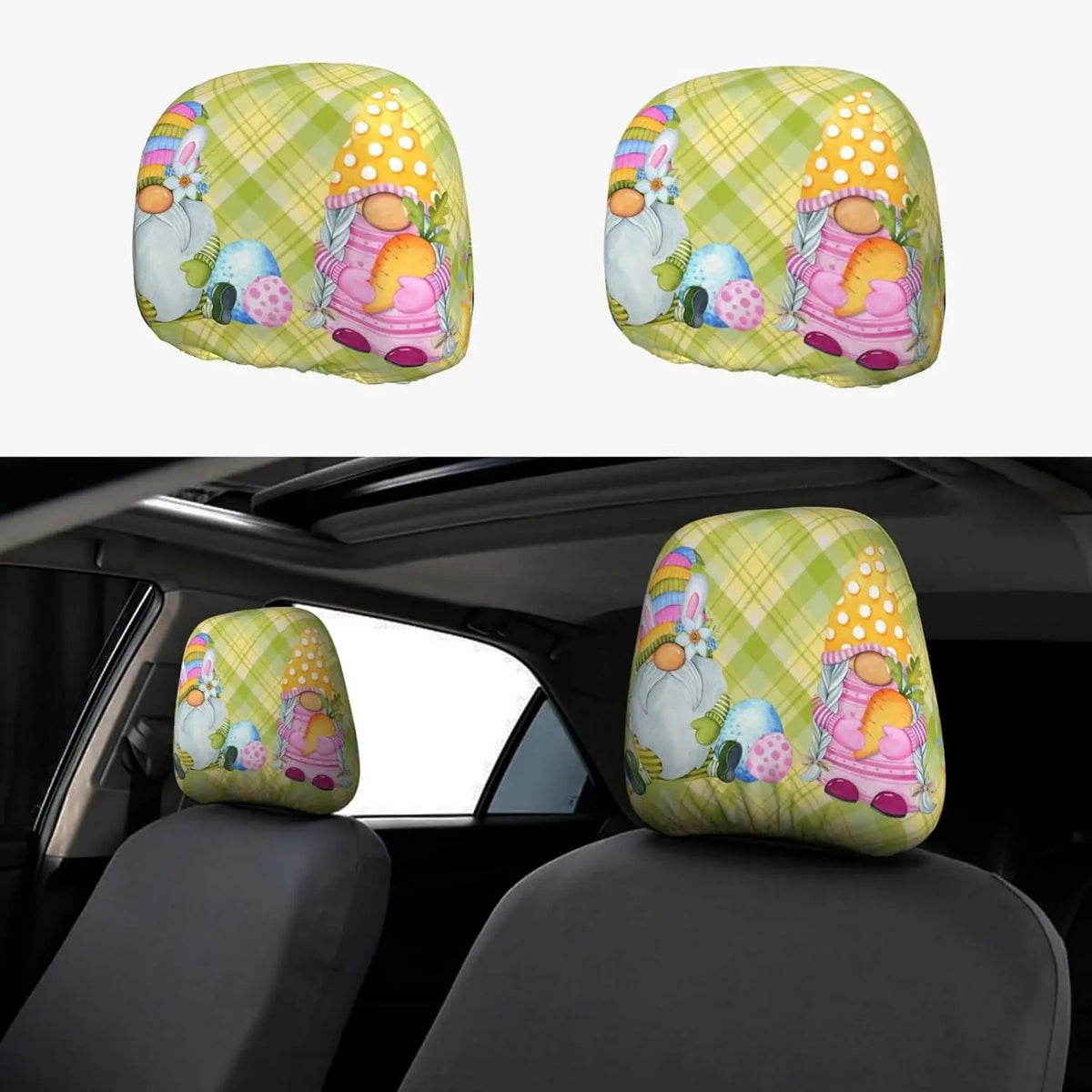 2-Pack Easter Gnome Gingham Car Headrest Covers | Universal Fit Car Headrest Cover HIP 1