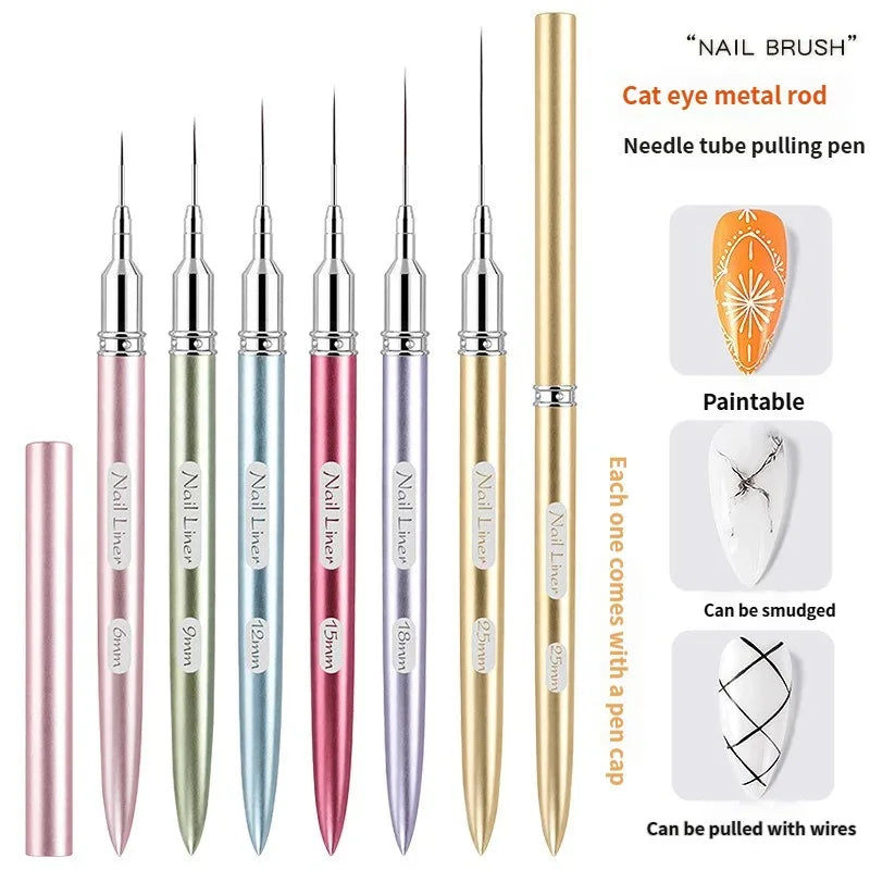 Multi Size Nail Art Liner Brush Fine Line Detail Drawing Pen Macaron Metal Handle Striping Brush Precise Line Flower Detail DIY HIP