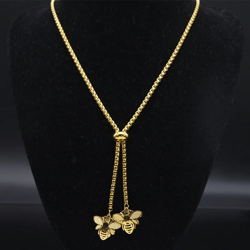 Fashion Bee Stainless Steel Long Necklace for Women Gold Color Statement Necklace Jewelry colgantes mujer moda N1525S03 HIP