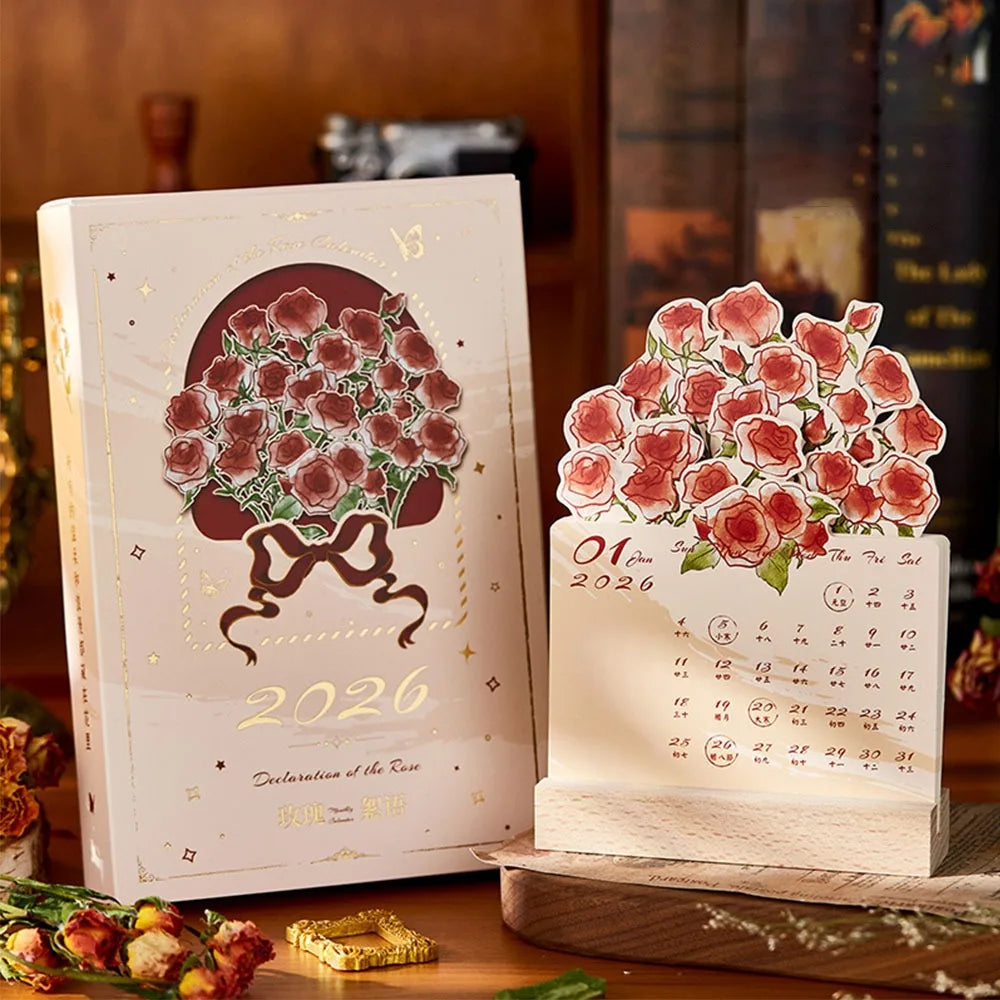 2026 Mini Desk Calendar – Rose Floral Design & Wooden Base Mini Desk Calendar HIP B