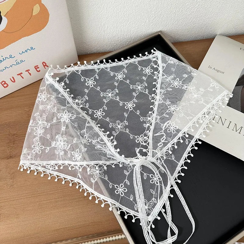 Women's Thin Style Lace Triangular Scarf Summer French Style Headscarf Headband Silk Scarf Retro Decoration Countryside Style HIP 04 Hollow Flower