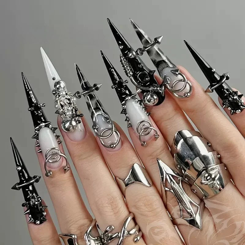 12 Grids Goth Punk Nail Charms Studs Y2K Piercing Designs Metallic Silvery Nails Art Rivets 3D Stars Alloy Nail Art Decorations HIP