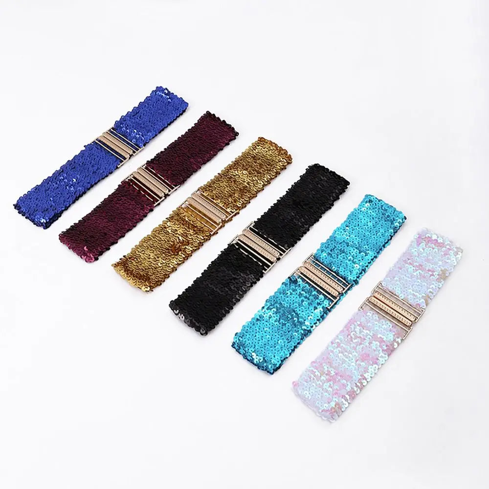 Women's Wide Sequin Belt – Gold Buckle Elastic Waistband Sequin Fashion Belt HIP