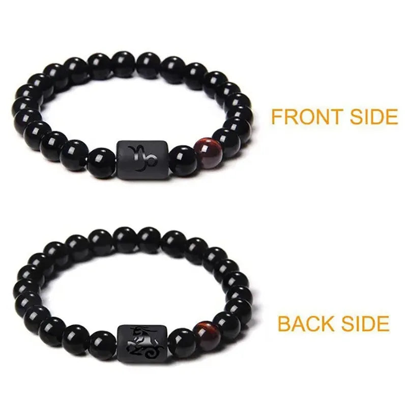 12 Constellation Zodiac Signs Beads Couples Bracelet Natural Black Onyx Stone Elastic Charm Bracelet for Women Men Birthday Gift HIP