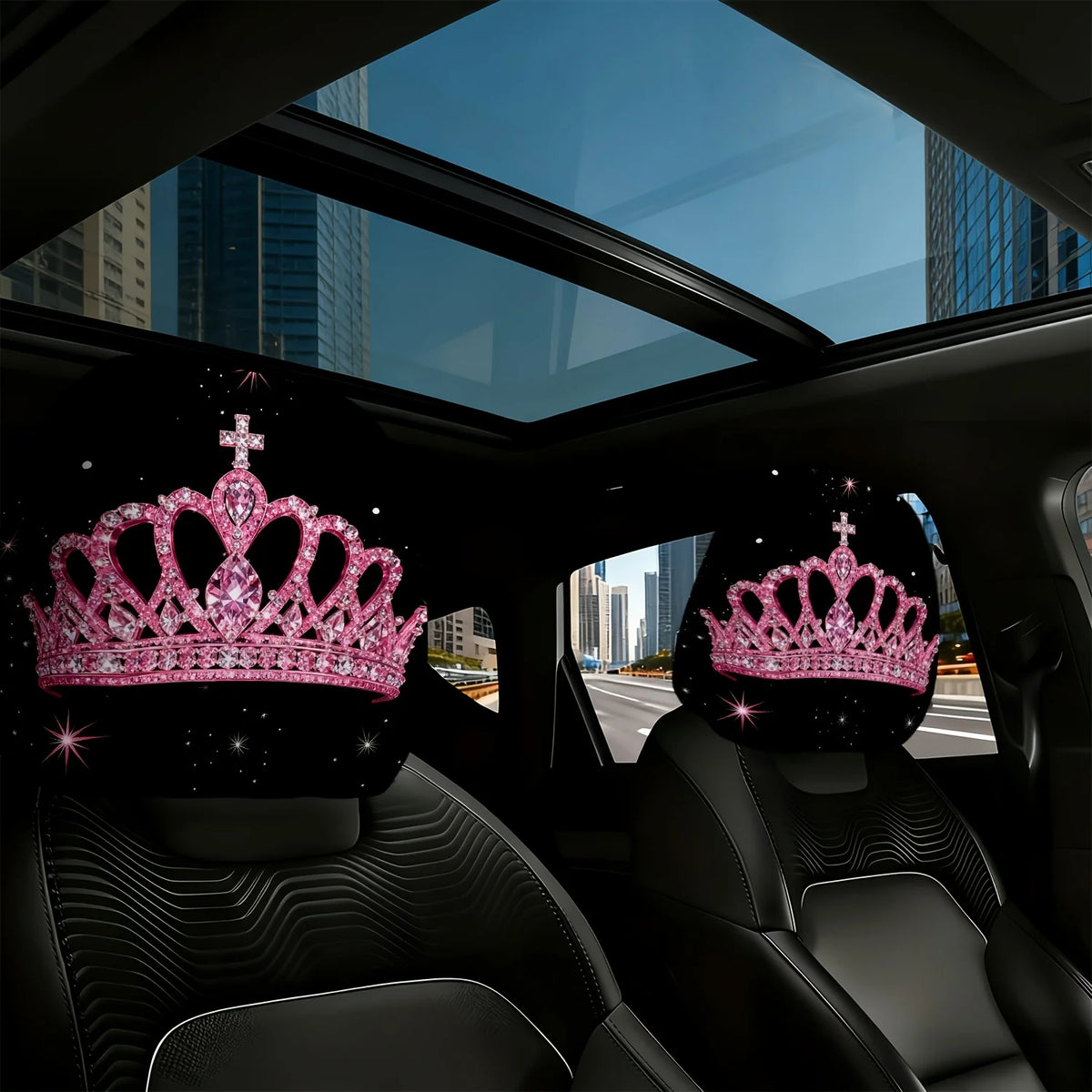 2-Pack Pink Rhinestone Crown Car Headrest Covers – Universal Car Headrest Covers HIP