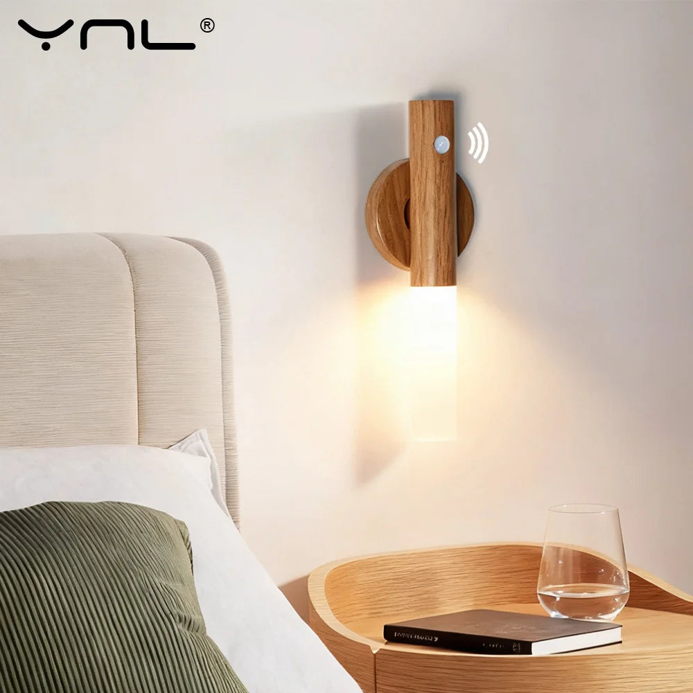Magnetic LED Motion Sensor Wall Light – 360° Rotating Wood Lamp LED Wall Lamp HIP
